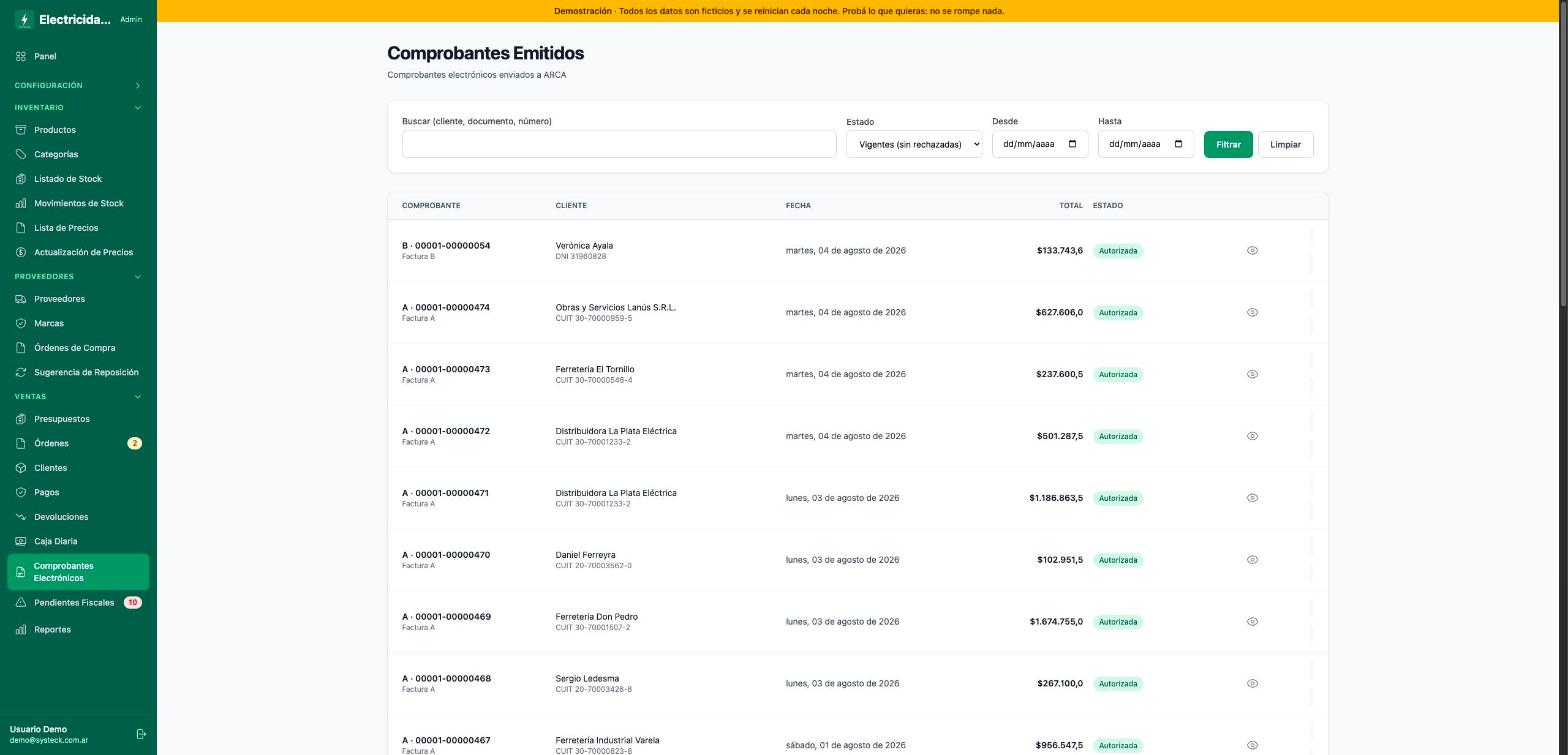 Listado de comprobantes electrónicos emitidos con su número, cliente, fecha, total y estado autorizado