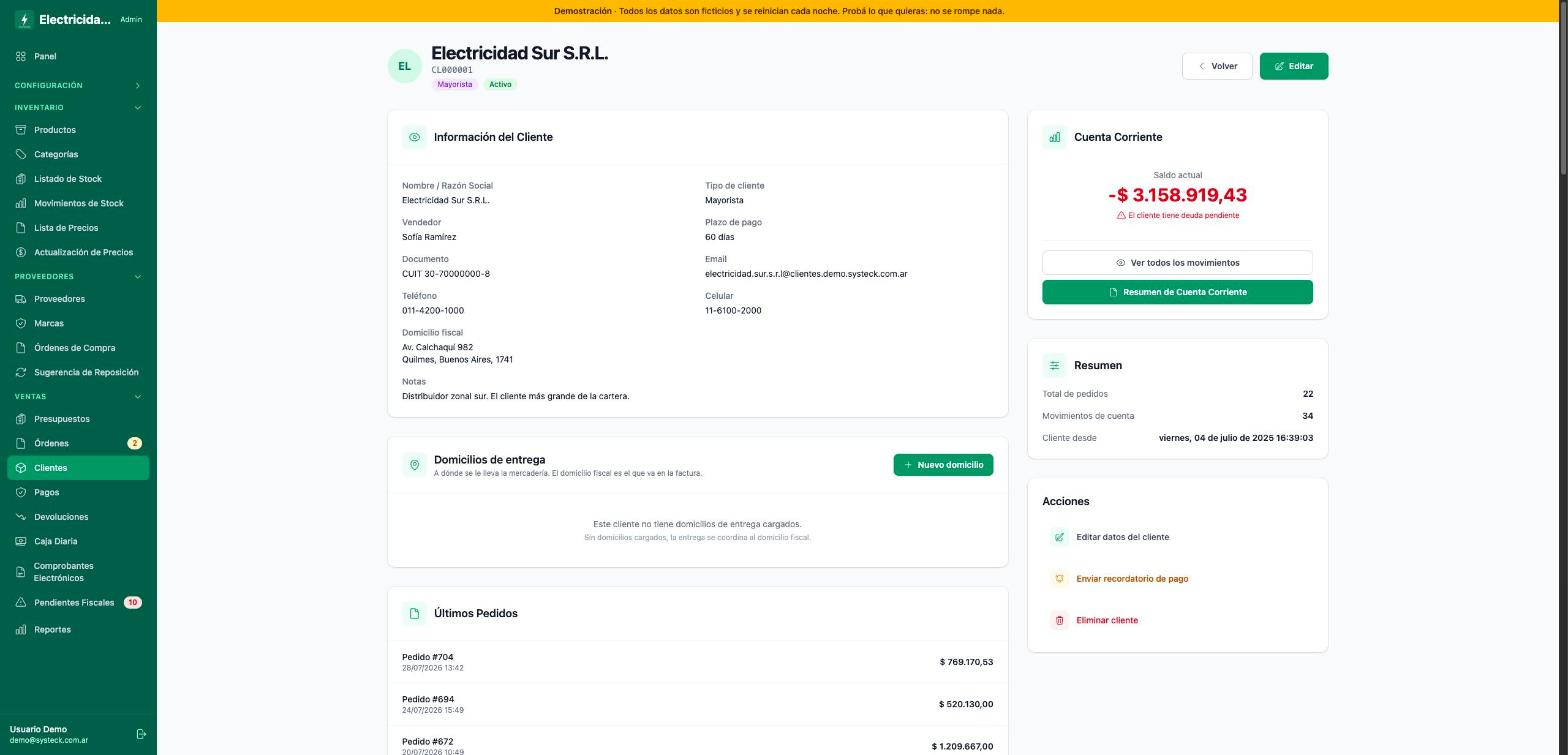 Ficha de un cliente mayorista mostrando el saldo de cuenta corriente y sus últimos pedidos